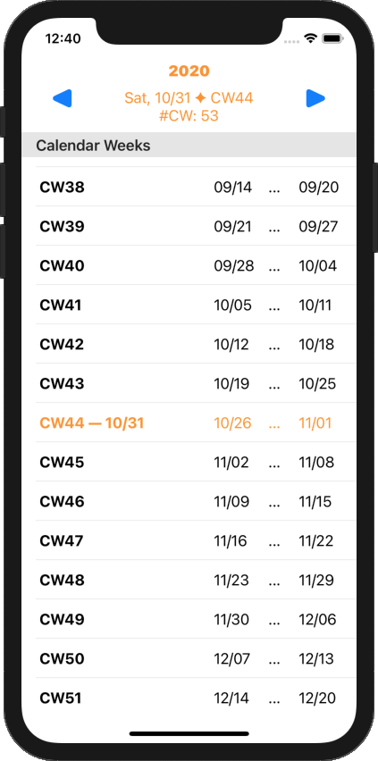 iOS app: Calendar weeks list